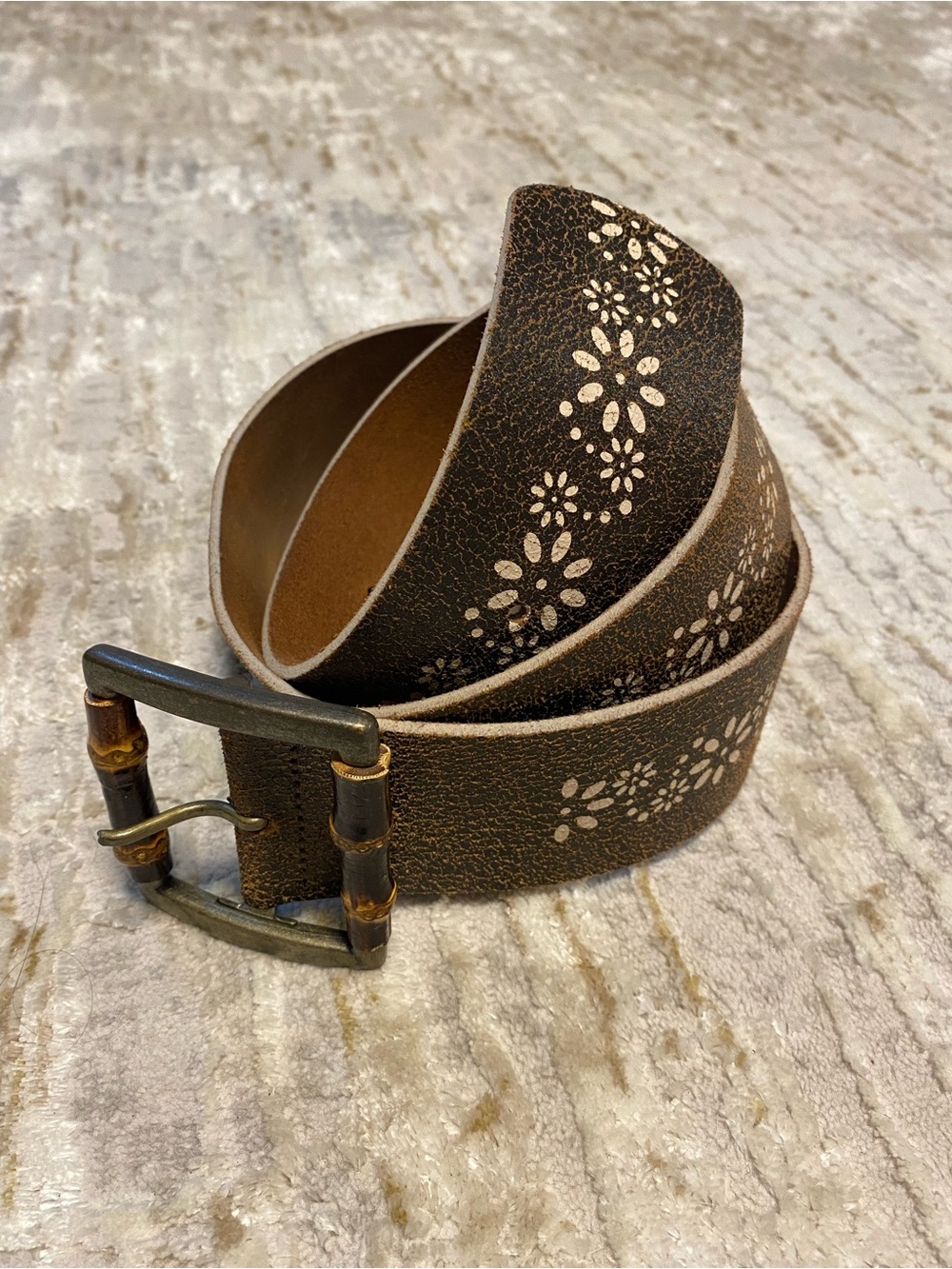 Brown Floral Embossed Leather Belt
